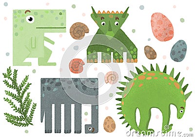 Set of geometric funny dinosaur stickers Stock Photo