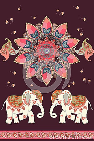 Wonderful ethnic vintage ornament with sun mandala, indian elephants, little flowers and paisley frame. Beautiful vector Vector Illustration