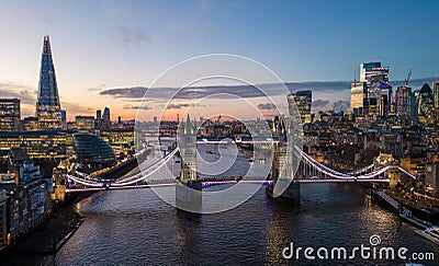 Wonderful evening view over London and Tower Bridge from above - LONDON, UK - DECEMBER 20, 2022 Editorial Stock Photo