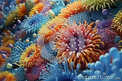Wonderful, fantasy, surreal plants of the flora of the fairy-tale world. Unusual multicolored underwater flowers cover the bottom Stock Photo
