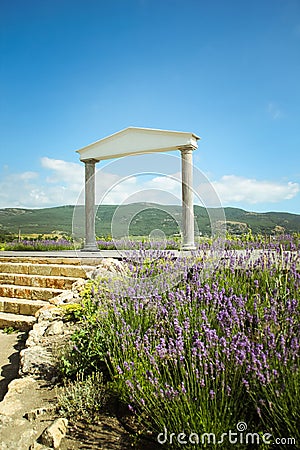 The wonderful Greek arch. amazing views of the vineyards and mountains of Crimea and flowering lavender. beautiful landscape of Stock Photo