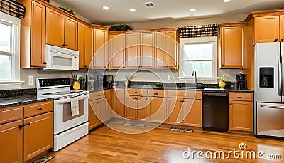 Wonderful kitchen area with honey-colored cabinetry Cartoon Illustration