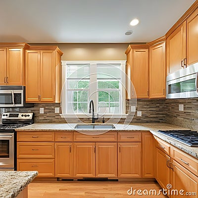 Wonderful kitchen area with honey-colored cabinetry Cartoon Illustration