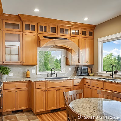 Wonderful kitchen area with honey-colored cabinetry Cartoon Illustration