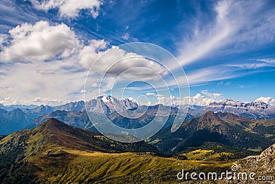 Wonderful landscape of the Dolomites Alps. Amazing view of Marmolada mountain. Location: South Tyrol, Dolomites, Italy. Travel in Stock Photo