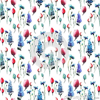 Wonderful lovely elegant graphic sophisticated spring floral herbal colorful textile blue delphiniums red pink tulips and blue cor Stock Photo