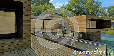 Wonderful modern country house in the shade of green trees. Wooden facade and decking. Glass railing. 3d render Stock Photo