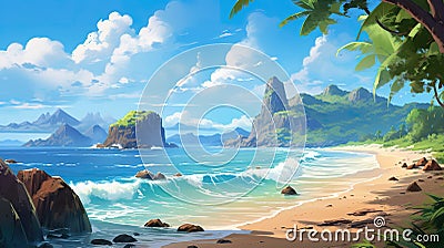 wonderful peaceful paradise liked tropical beach illustration, anime manga design Cartoon Illustration