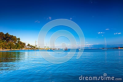 Wonderful romantic summer landscape panorama coastline sea. Boat Stock Photo