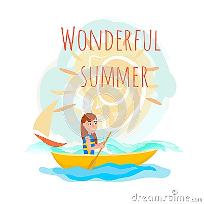 Wonderful Summer Poster with Girl Kayaking Vector Vector Illustration