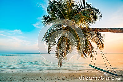 Wonderful summer vacation background, beach with swing on palm tree and beautiful sunset view of sea and sky. Stock Photo