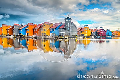 Beautiful colorful buildings on water, Groningen, Netherlands, Europe Stock Photo