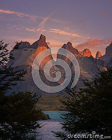 Wonderful vertical view of the horns of torres del paine national park from Lake Pehoe, Southern Chile Chilean Patagonia Stock Photo
