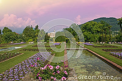 Wonderful view of botanical garden of Villa Taranto at sunset Stock Photo