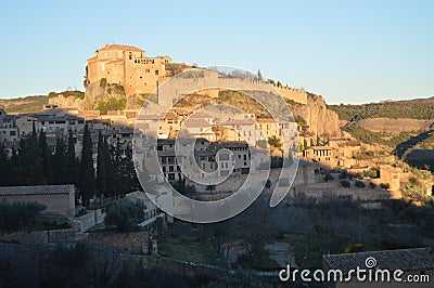 Wonderful Views Of The Collegiate Castle Santa Maria The Major At Sunset In Alquezar. Landscapes, Nature, History, Architecture. Editorial Stock Photo