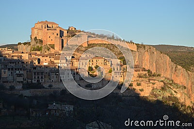 Wonderful Views Of The Collegiate Castle Santa Maria The Major At Sunset In Alquezar. Landscapes, Nature, History, Architecture. Editorial Stock Photo