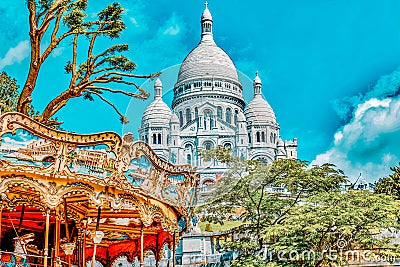Sacre Coeur Cathedral on Montmartre Hill, Paris. France Editorial Stock Photo