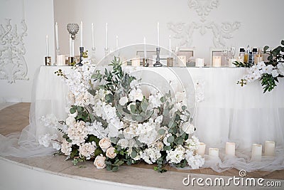 wonderful wedding ceremony. trendy wedding arch made according to modern fashion. wedding decorations. Stock Photo
