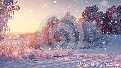 Wonderful winter morning landscape in sunrise with falling snowflakes. Stock Photo