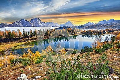 Wonderfull autumn view of Lake Federa in Dolomites Stock Photo