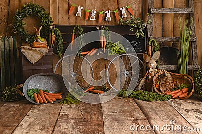 Wonderfull Easter Carrots and cute decorations Spring with vintage brown wood Stock Photo