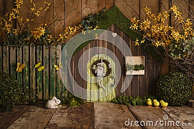 Wonderfull yellow flowerly Spring with vintage brown wood Stock Photo