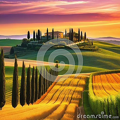 Wonderfully beautiful Tuscan sunset scenery in the Stunning flower filled grain fields and a meandering road lined with Cartoon Illustration