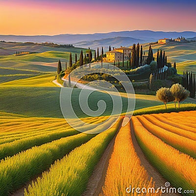 Wonderfully beautiful Tuscan sunset scenery in the Stunning flower filled grain fields and a meandering road lined with Cartoon Illustration