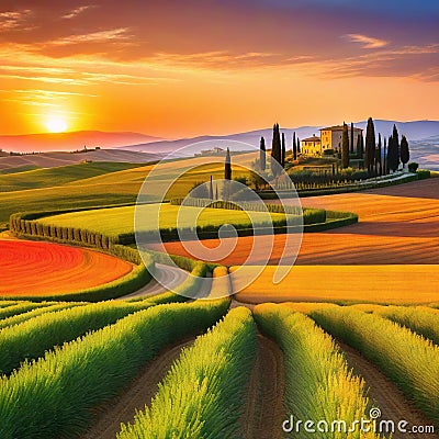 Wonderfully beautiful Tuscan sunset scenery in the Stunning flower filled grain fields and a meandering road lined with Cartoon Illustration