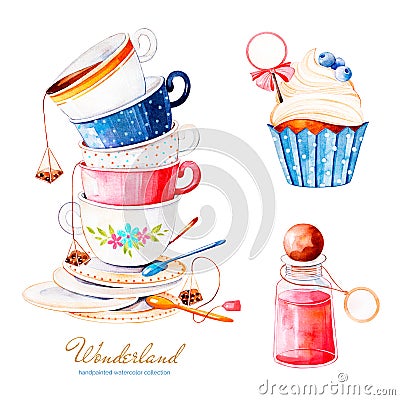 .Magical watercolor set with cupcake and bottle with label for your text Stock Photo