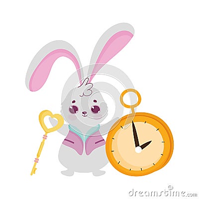 Wonderland, rabbit and clock cartoon characters Vector Illustration