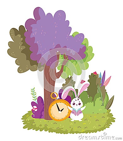 Wonderland, rabbit and clock tree bush cartoon Vector Illustration