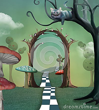 Wonderland series - Surreal countryside view with a secret passage and cheshire cat Stock Photo