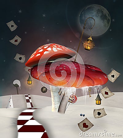 Red poisonous mushrooms ina winter scenery Cartoon Illustration