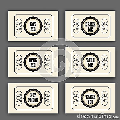 Wonderland vector set with labels Eat me, Drink , Open , Not poison, Thank you. ideal for decoration at a wedding Vector Illustration