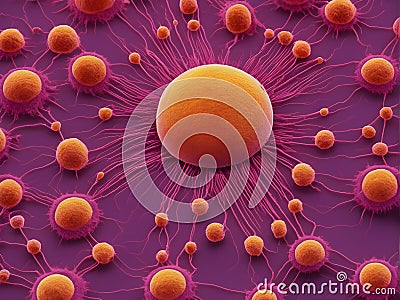 Wonders of micro-biology' concept-art depicting an orange cell with pink tentrils Stock Photo