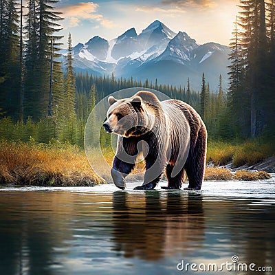 Wondrous brown grizzly bear in outdoor double exposure with natural taiga forest mountain background design as concept Cartoon Illustration