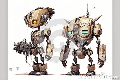Wondrous futuristic sci-fi humanoid robot in battle suit character design. Stock Photo