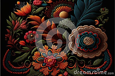 Wondrous Mexican embroidery with colorful flower pattern textile. Stock Photo