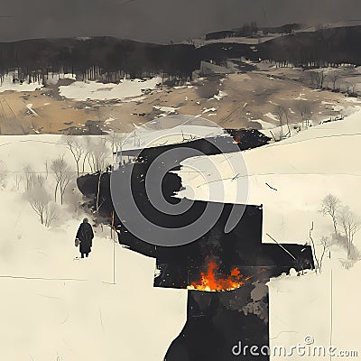 Wondrous Winter Landscape with Mystical Fire Stock Photo