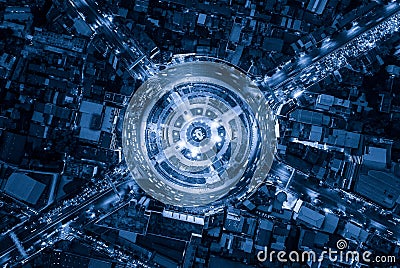 Wongwian Yai roundabout. Aerial view of highway junctions. Roads shape circle in structure of architecture and technology Stock Photo