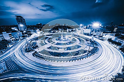 Wongwian Yai roundabout. Aerial view of highway junctions. Roads shape circle in structure of architecture and technology Stock Photo