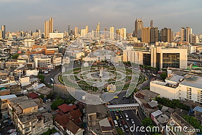 Wongwian Yai roundabout. Aerial view of highway junctions. Roads shape circle in structure of architecture and technology Editorial Stock Photo