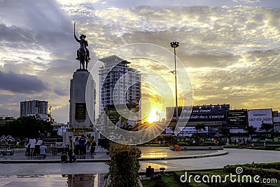 Wongwianyai circle with sun set in background. bangkok thailand Editorial Stock Photo