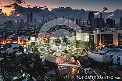 Wongwianyai roundabout monument without cars and skyscraper in downtown at Bangkok, Thailand Stock Photo