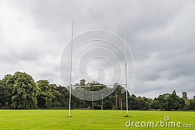 Wonky goal posts on a rugby pitch Stock Photo