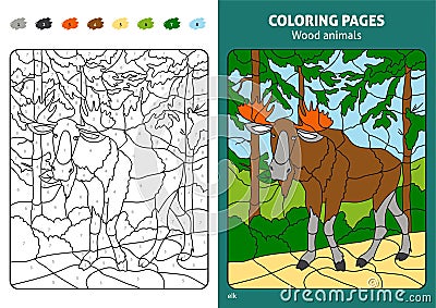 Wood animals coloring page for kids, elk in forest. Vector Illustration