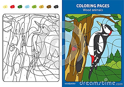 Wood animals coloring page for kids, woodpecker in forest. Vector Illustration