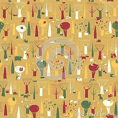 Wood Animals tapestry seamless pattern in vintage colors Vector Illustration