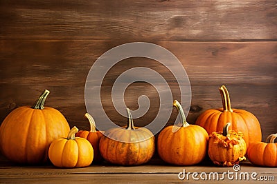 wood autumn pumpkin background season wooden orange foliage leaf halloween fall. Generative AI. Stock Photo